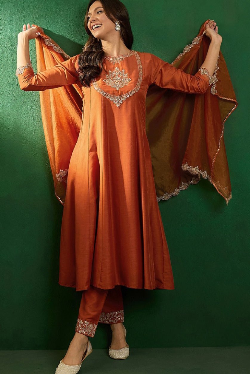 Orange Organza Dupatta Set - Three Piece Kurtha