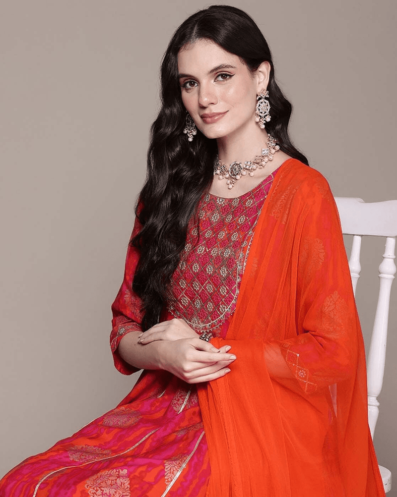 Orange Rayon Anarkali Set - Three Piece Kurtha