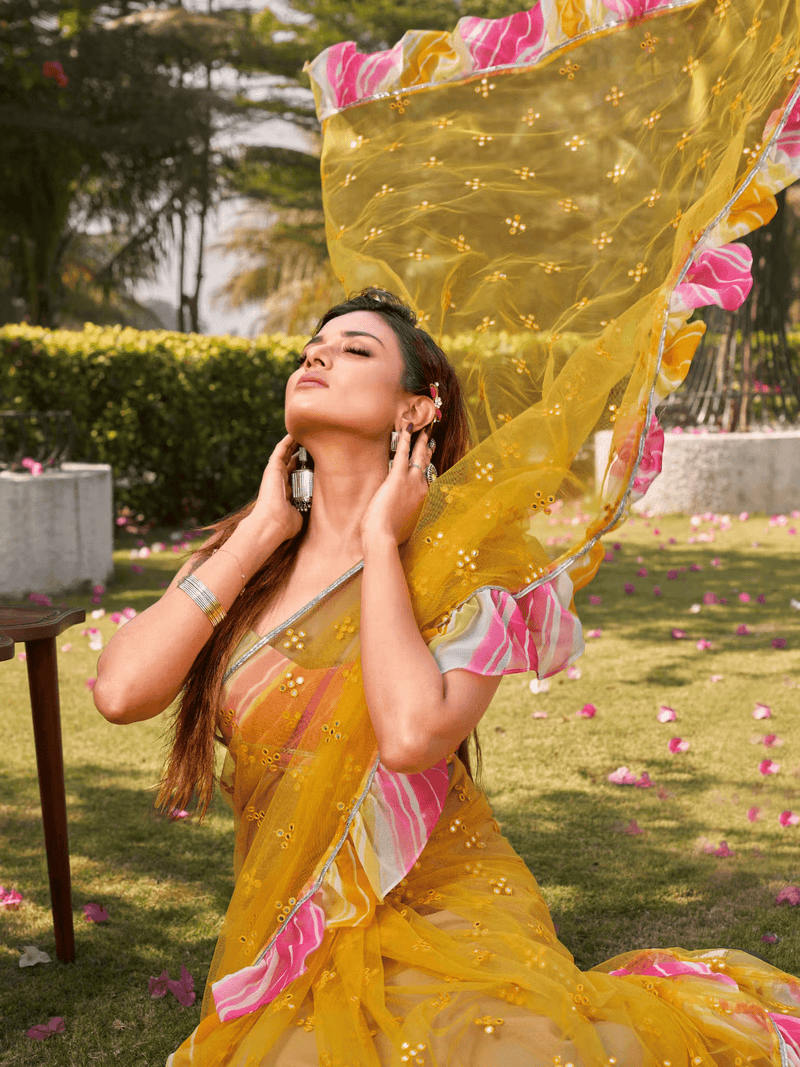 Party Net Saree Ruffles in Vibrant Yellow