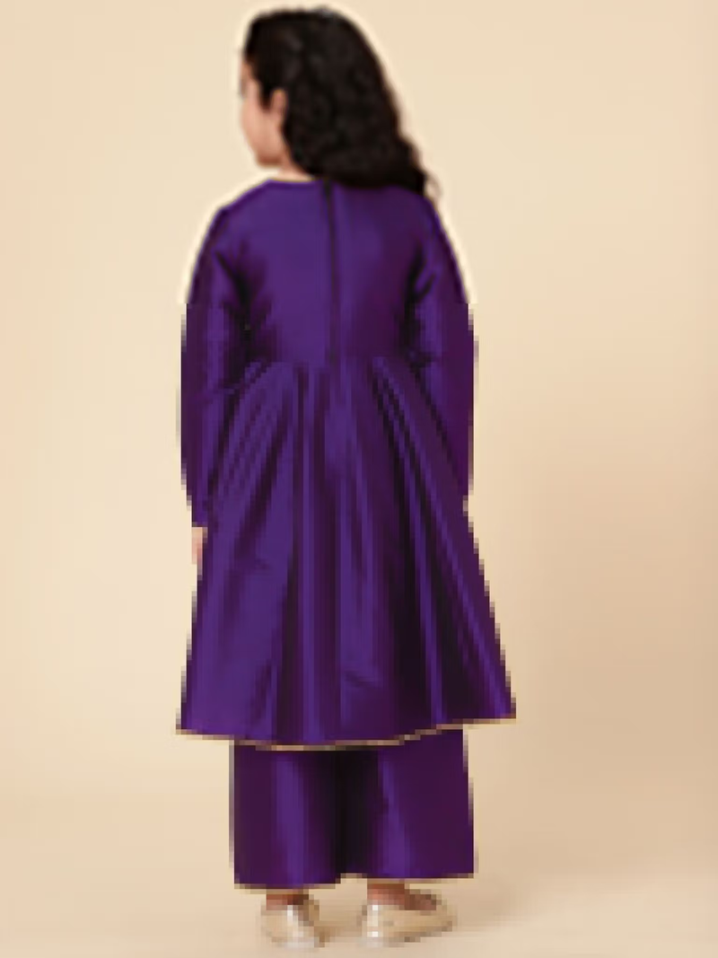 Aromie girls purple back view girls fit and flare dress with long sleeves and matching wide pants