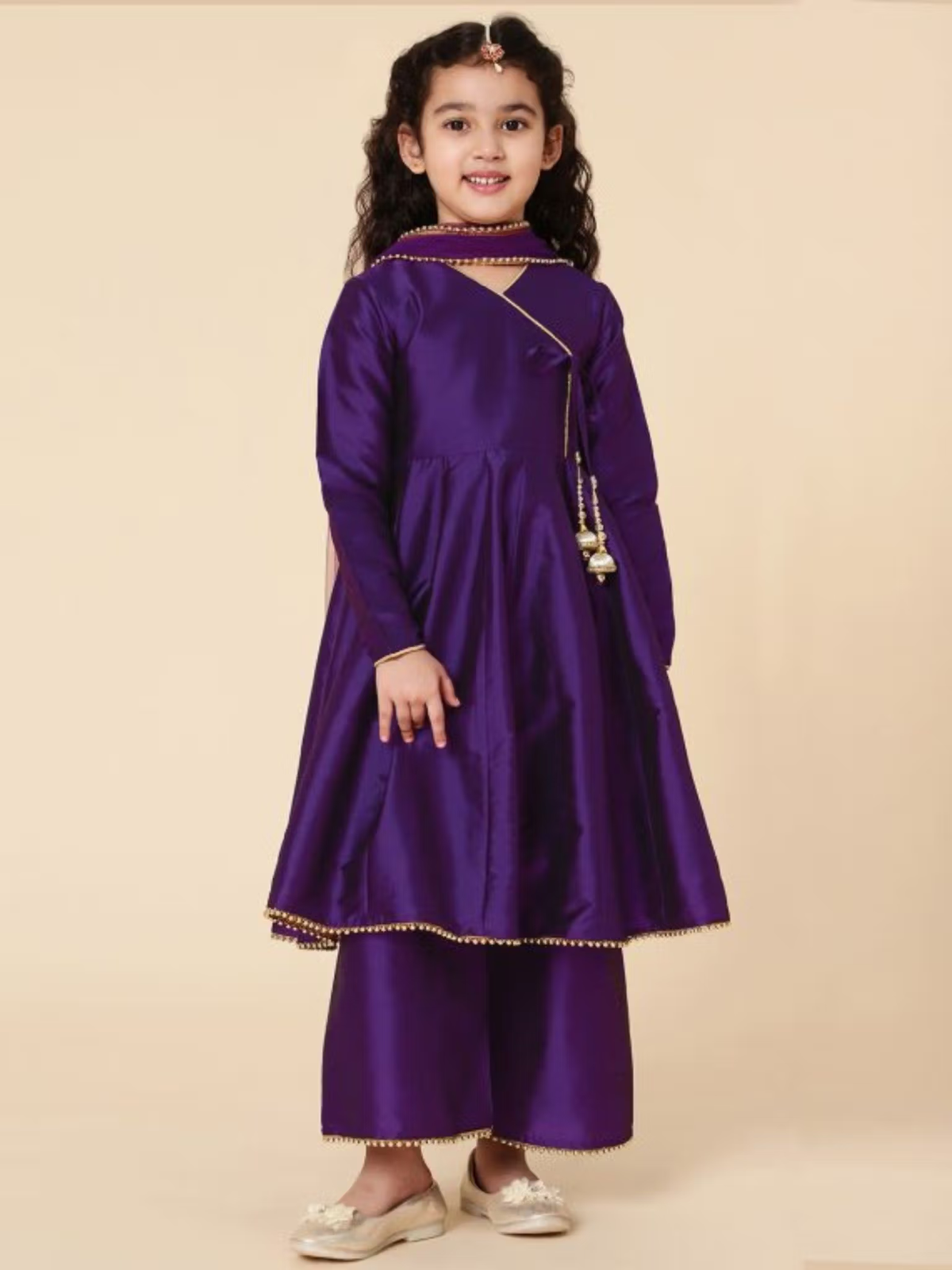 Aromie girls purple long sleeve girls fit and flare dress with gold trim tassel detail and matching palazzo