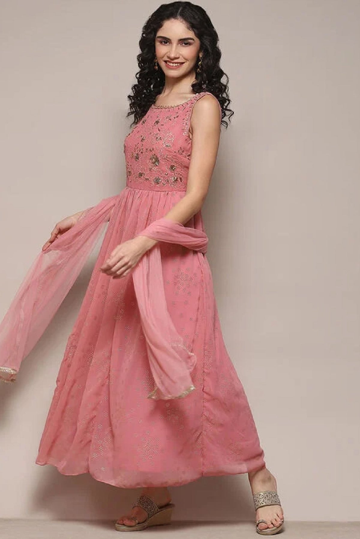 Aromie Pink Flared Dress for Women - Elegant Three Piece Kurtha
