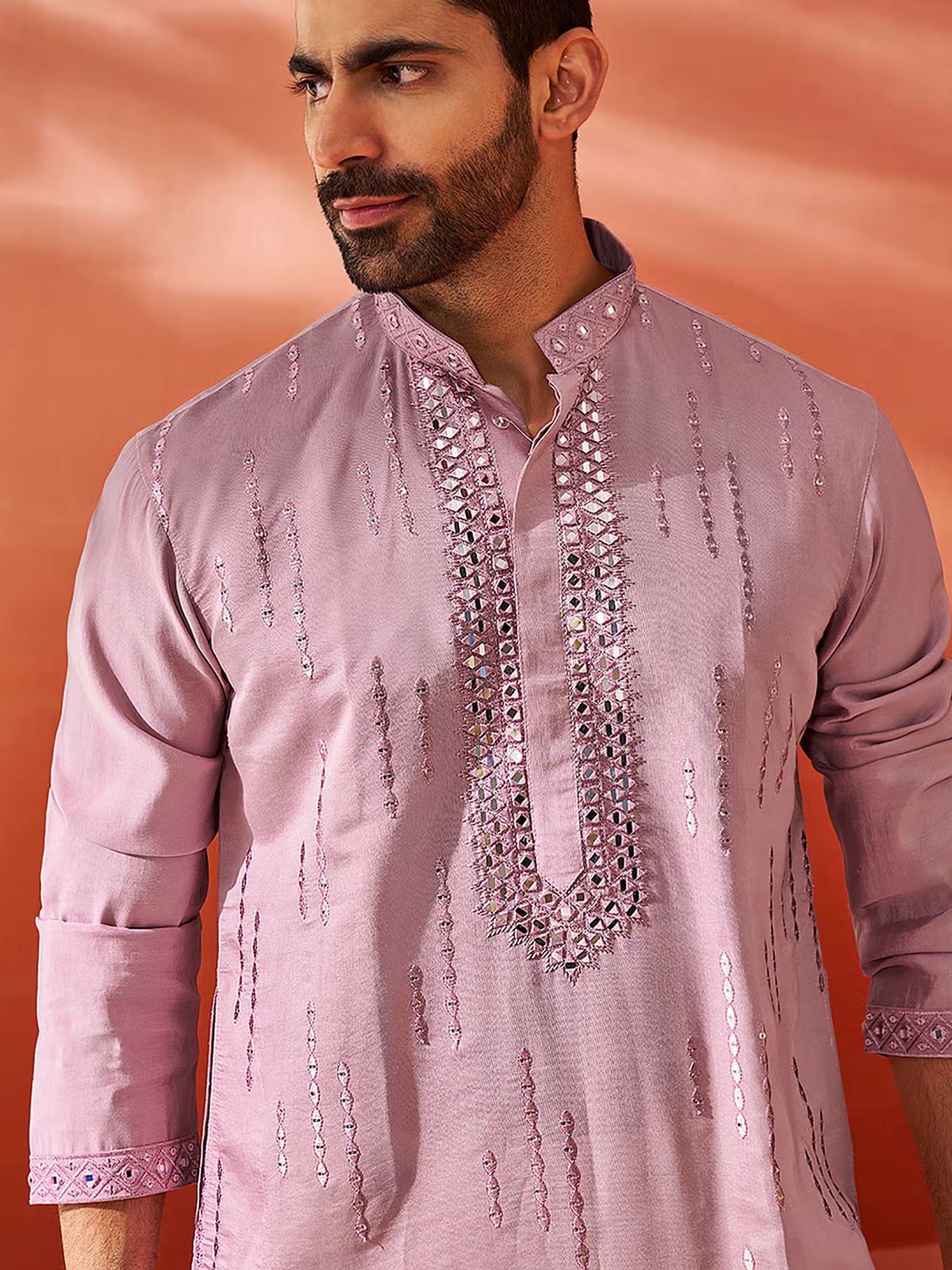 Light mauve mens chanderi silk kurta with mirrored embellishment and embroidered placket for festive wear