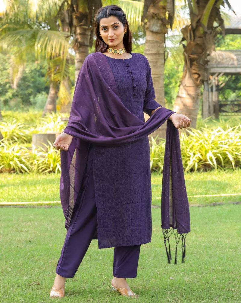 Aromie Rayon Kurta Set with Chanderi Dupatta in purple, ideal for festive occasions and casual wear
