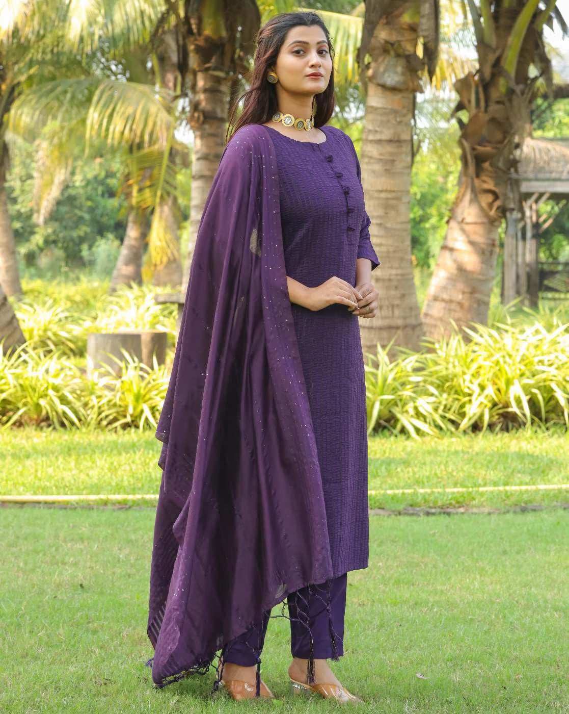 Stylish Purple Rayon Kurta Set with Chanderi Dupatta, featuring button details and elegant design