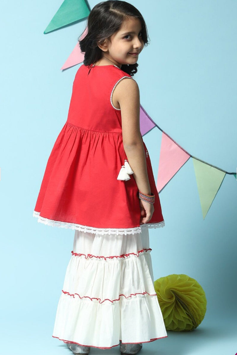 Aromie Red Embroidered A-Line Kurta Set for Girls