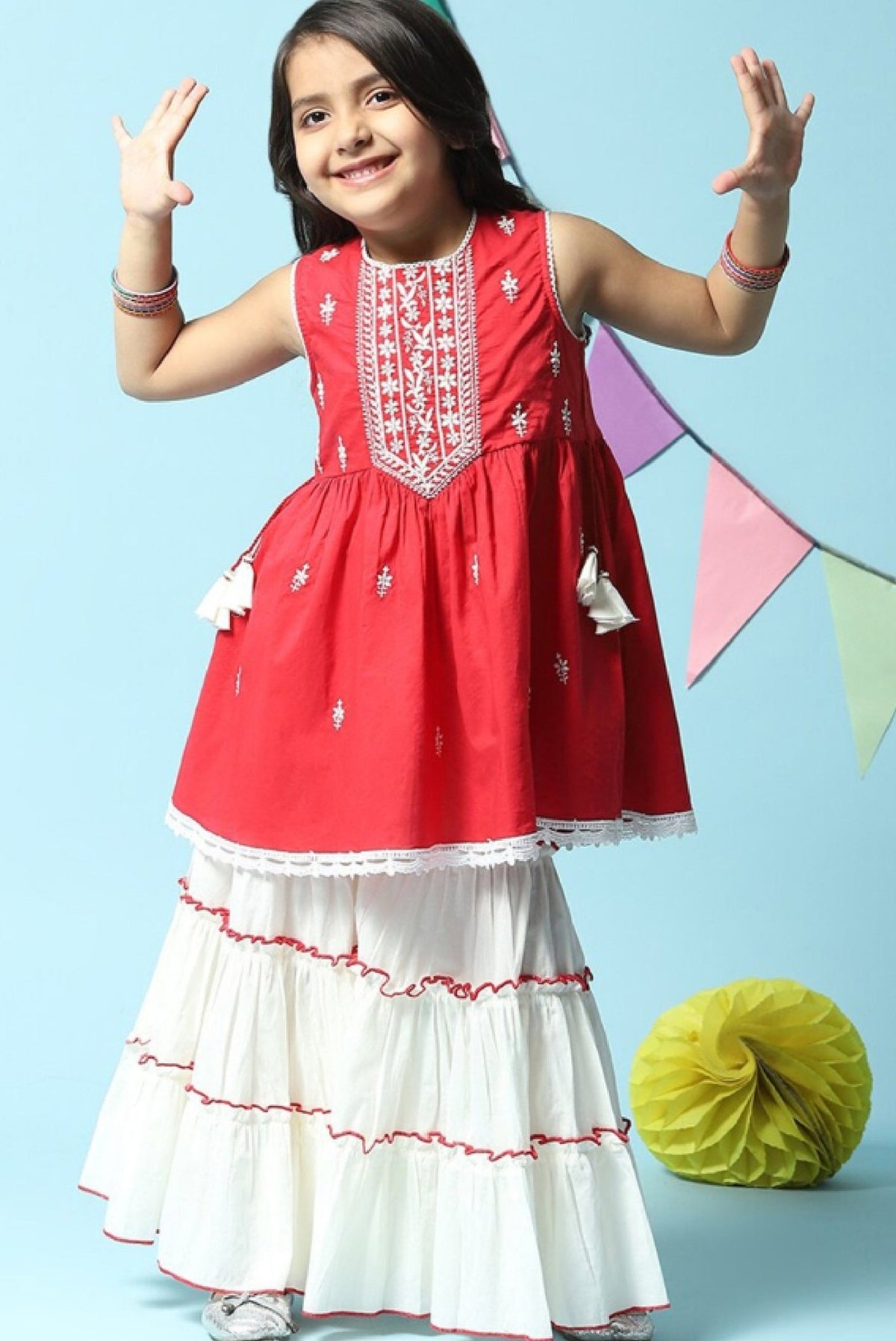 Aromie Red Embroidered A-Line Kurta Set for Girls