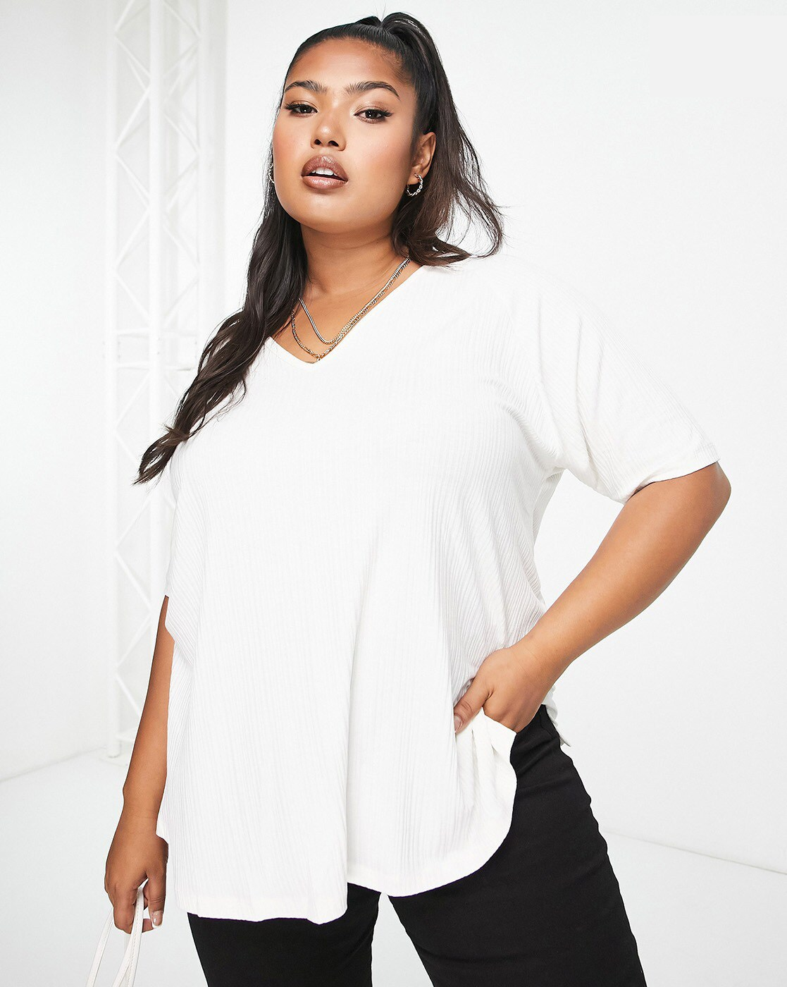Ribbed Oversized V-Neck T-shirt Canada