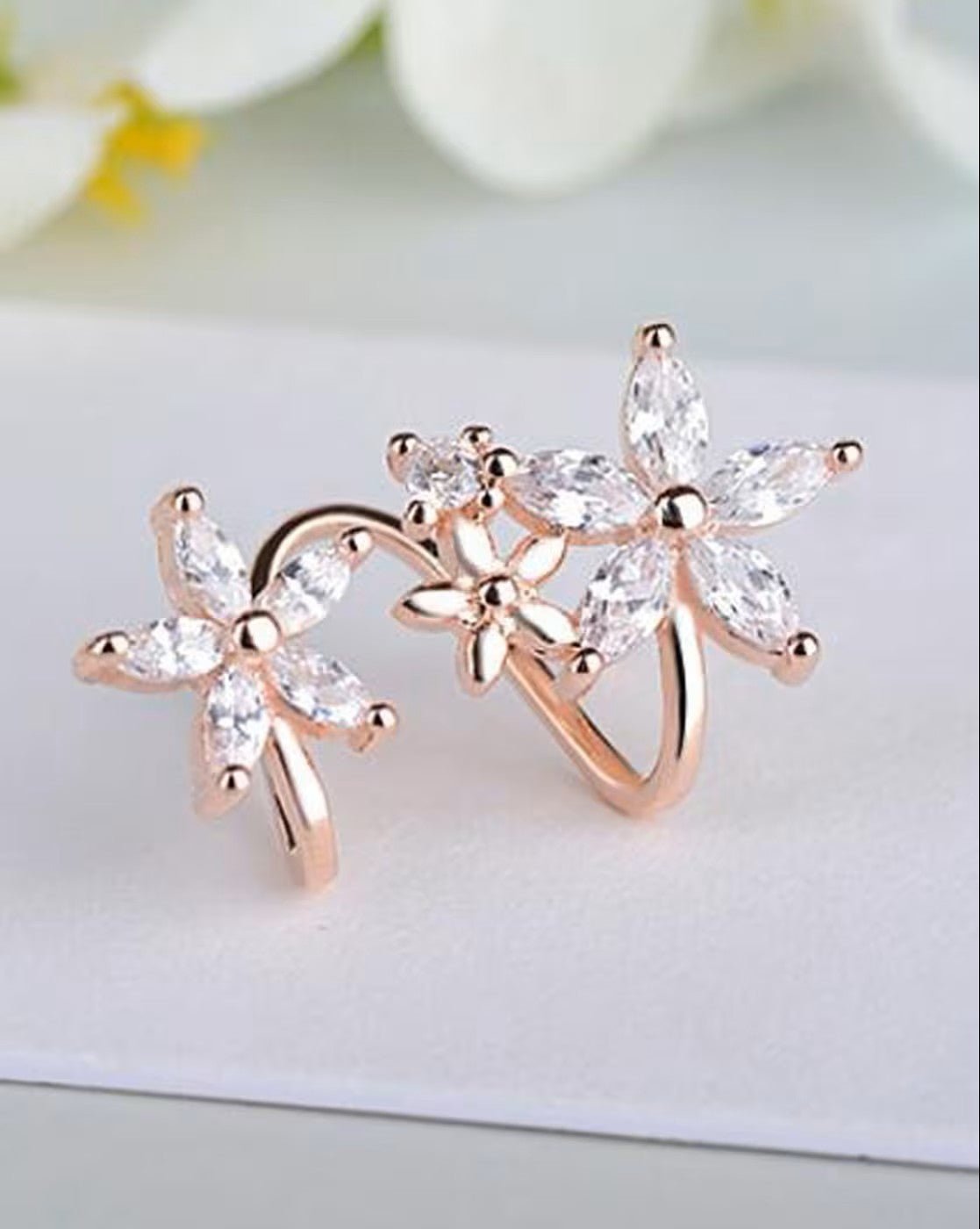 Rose Gold Ear Cuffs with Elegant Flower Design