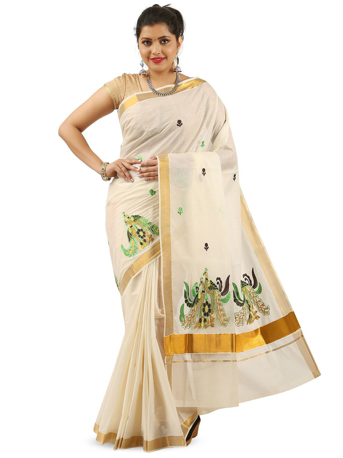 Aromie rose gold mirror work saree with cream fabric and intricate green and gold embroidery