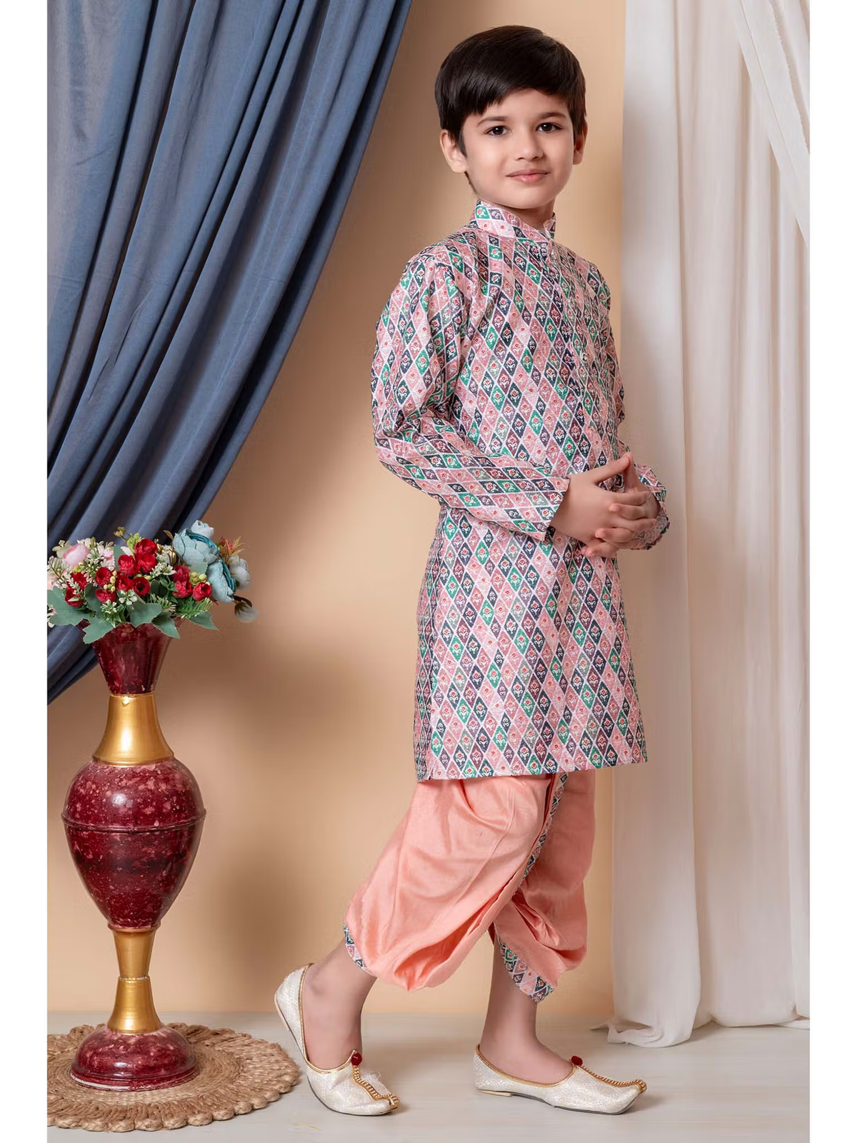 Young boy wearing printed pink kurta and peach dhoti pants with mojaris boys silk kurta dhoti set Canada