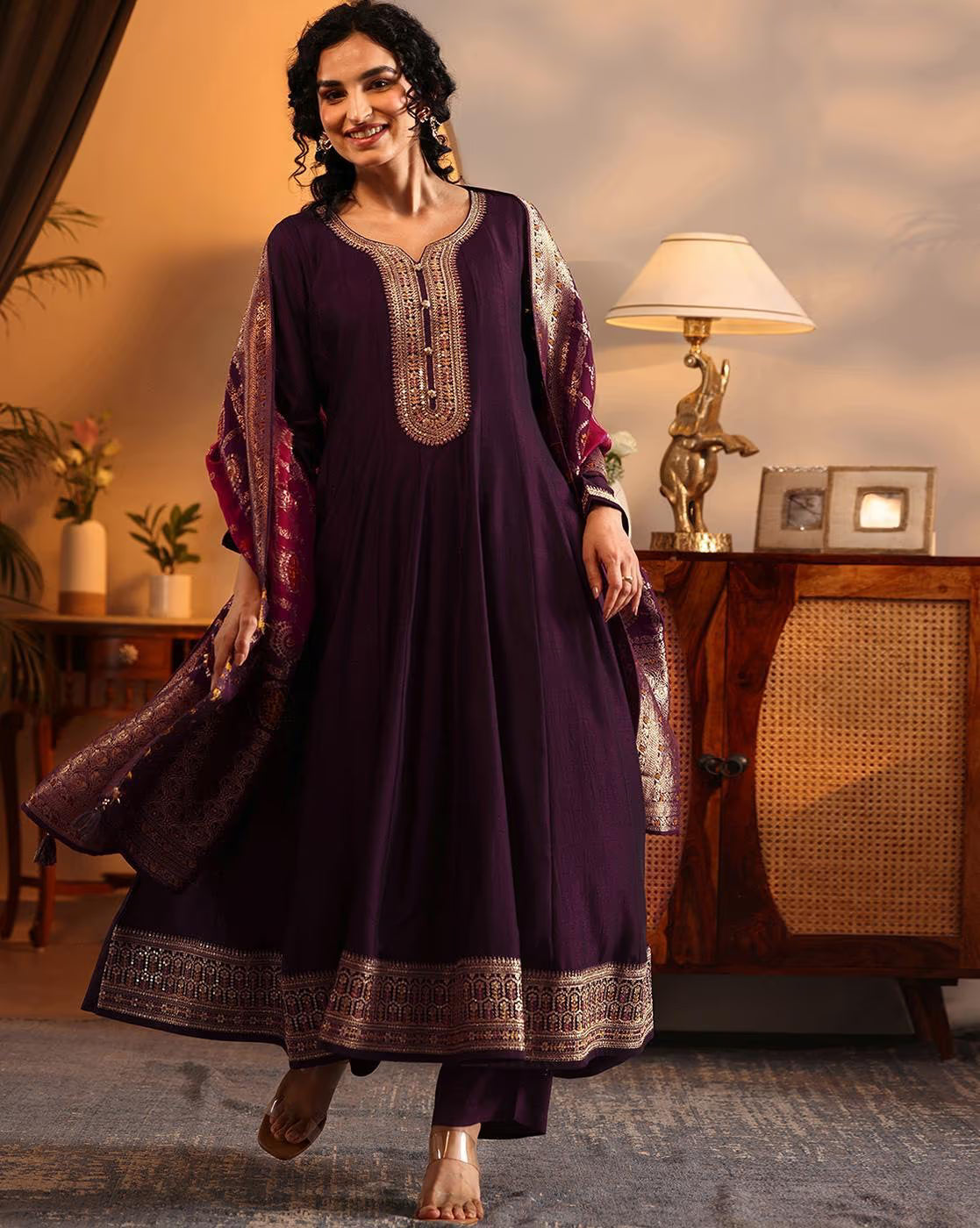 Elegant Sequined Kurta Set Women USA in purple with shimmering details for festive occasions