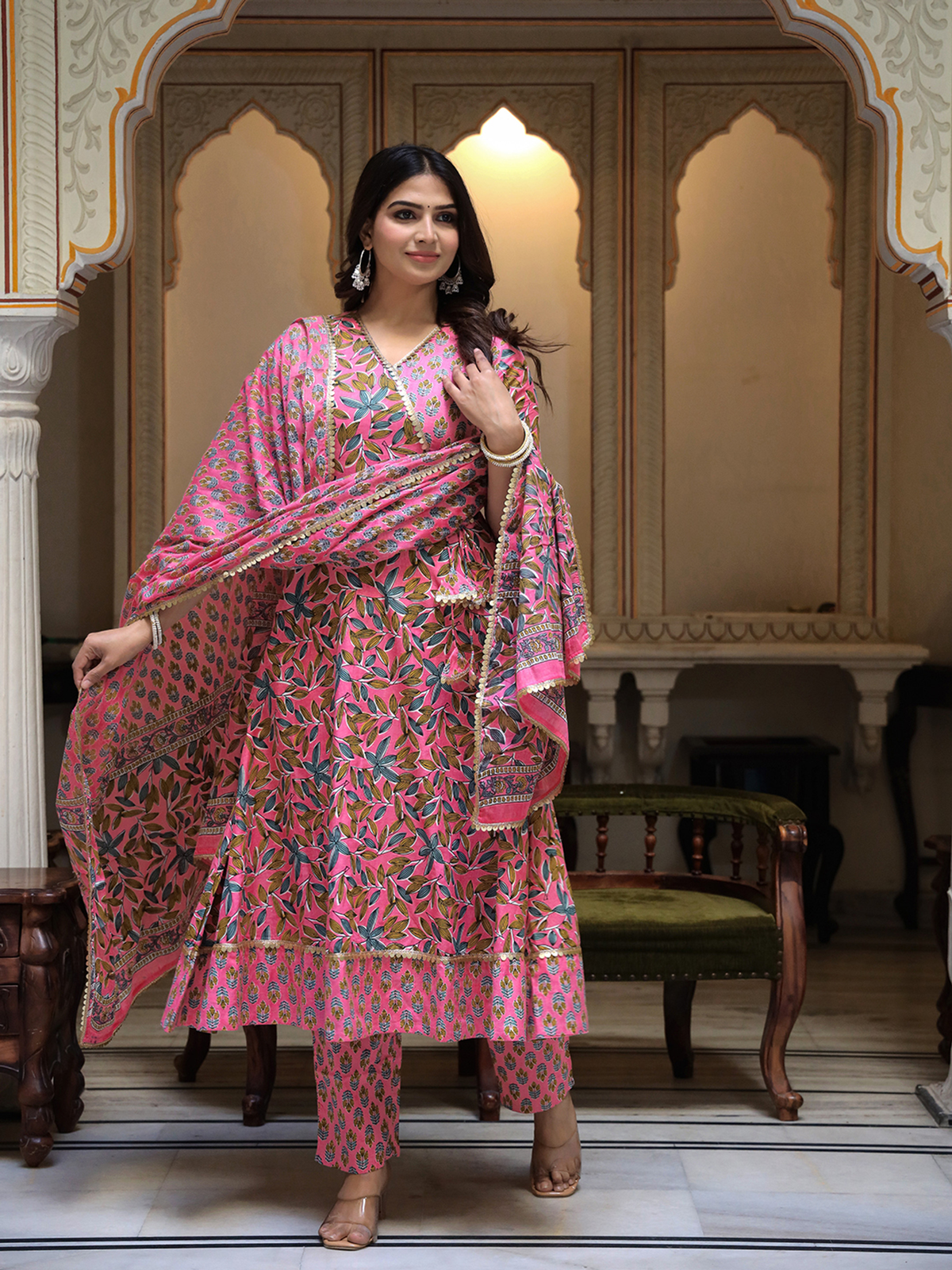 Aromie three piece silk pleated tunic Canada set in vibrant pink with floral patterns, perfect for festive occasions