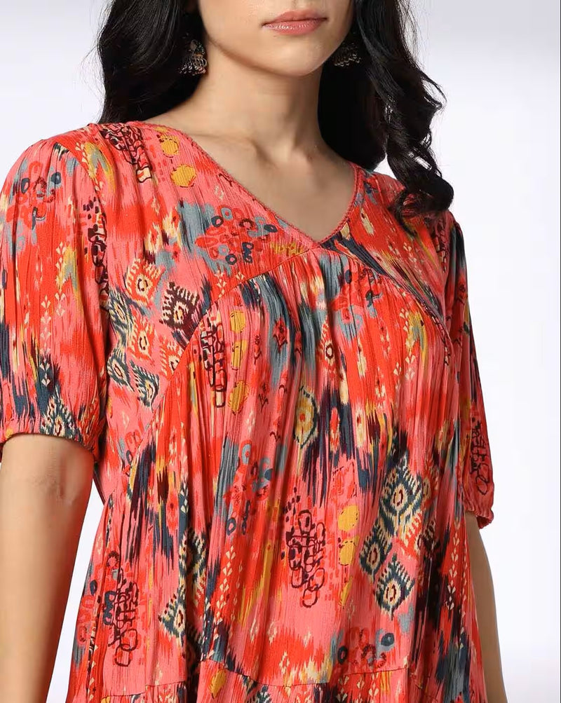 Aromie vibrant patterned sleeveless V-neck dress summer in bright coral with abstract designs
