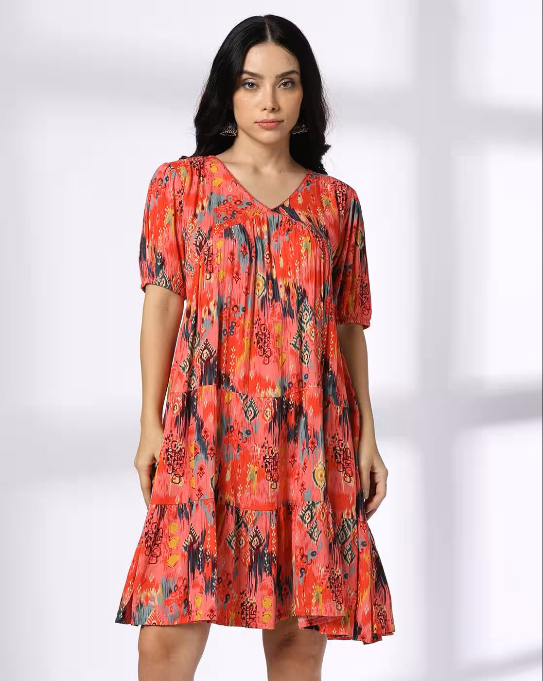Aromie vibrant patterned dress with short sleeves and V-neck, perfect sleeveless V-neck dress summer alternative