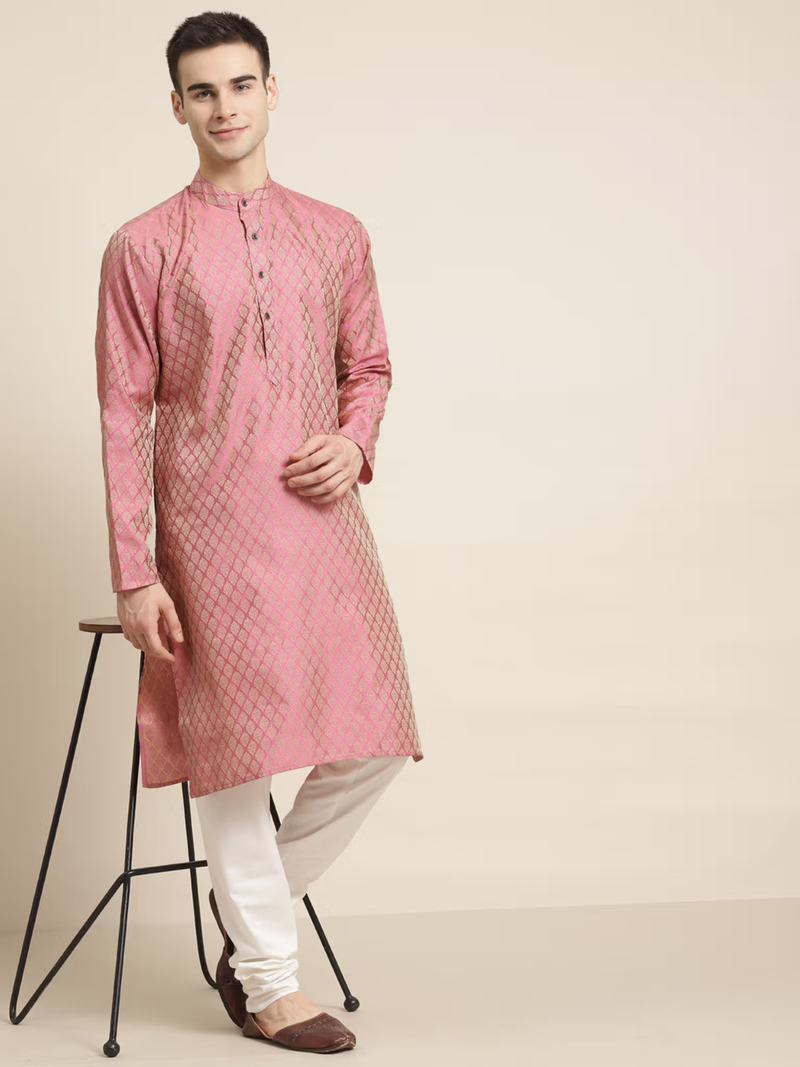 AROMIE mens pink silk kurta set Canada model wearing patterned pink silk kurta with white churidar pants
