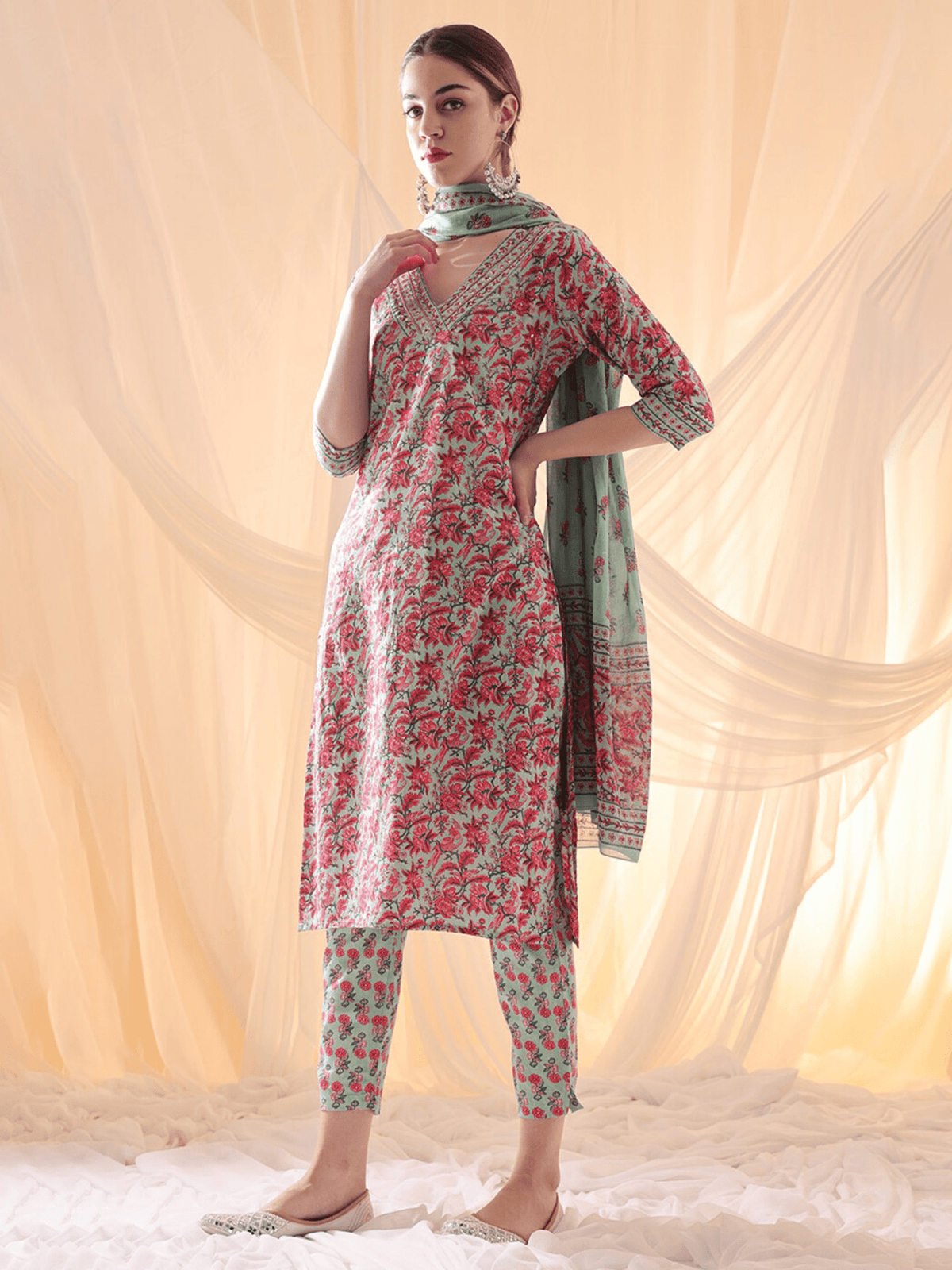 Teal Cotton Kurta Set Women - 3 Piece Outfit