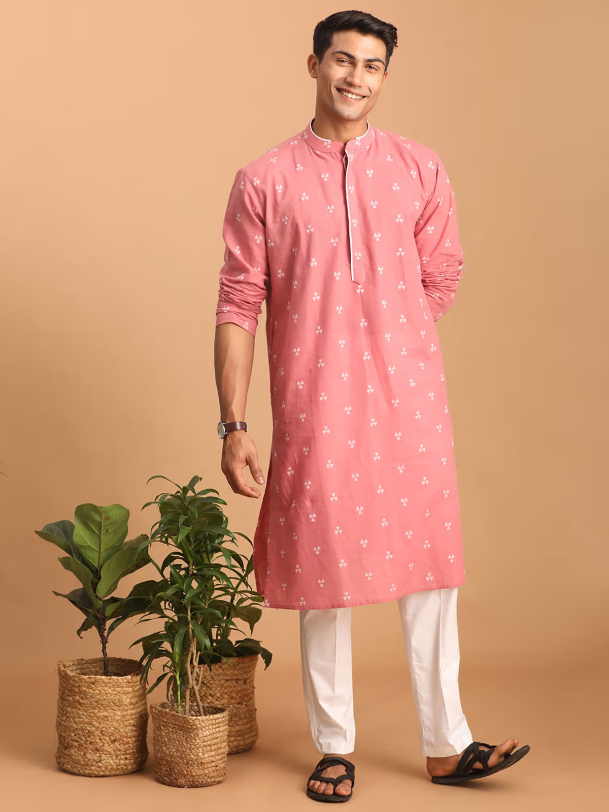 AROMIE mens pink cotton kurta with white floral print, mandarin collar, long sleeves, paired with white pants