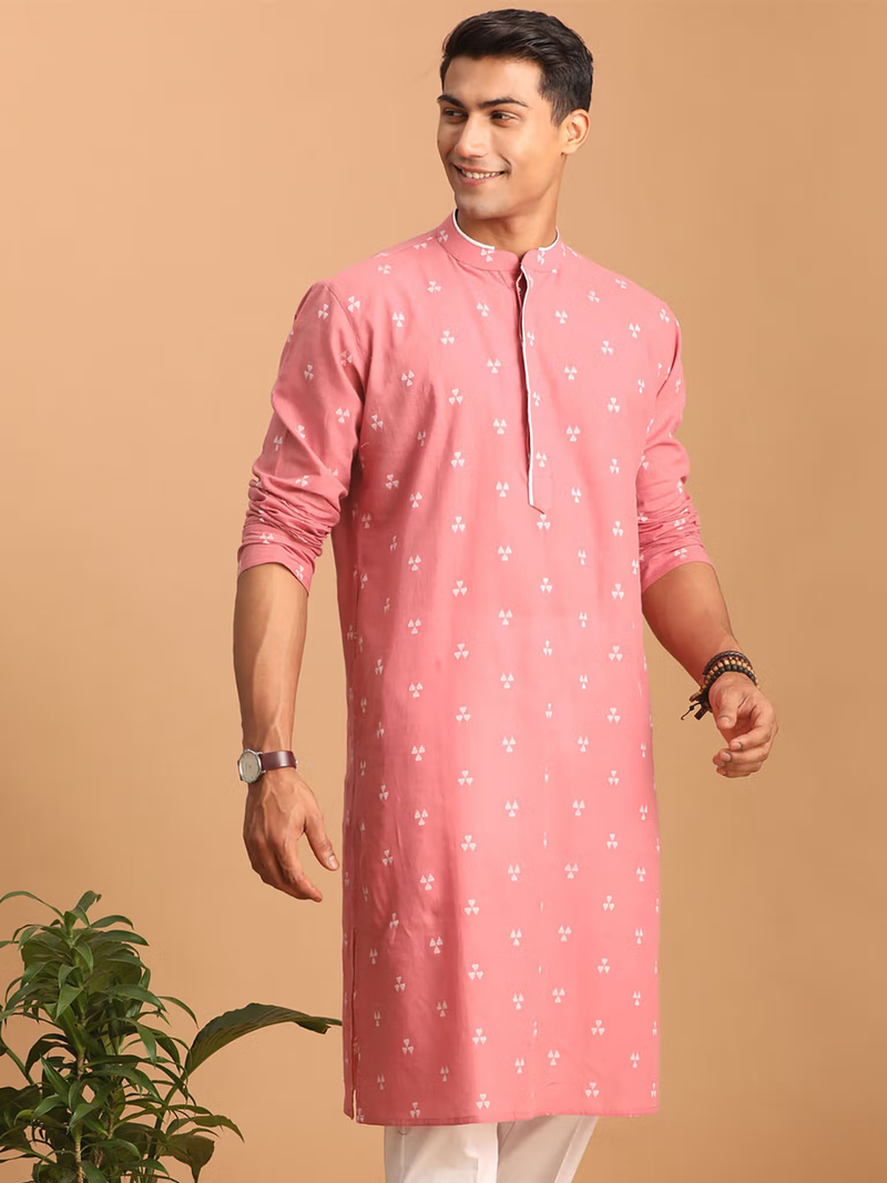 AROMIE mens pink cotton kurta with white motif mandarin collar long sleeves casual festive wear