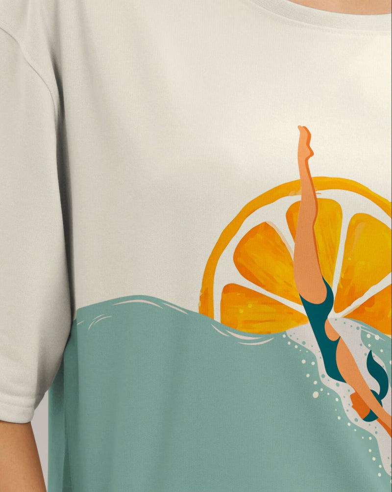 Aromie women's graphic crop t-shirt featuring a vibrant swimmer and orange design