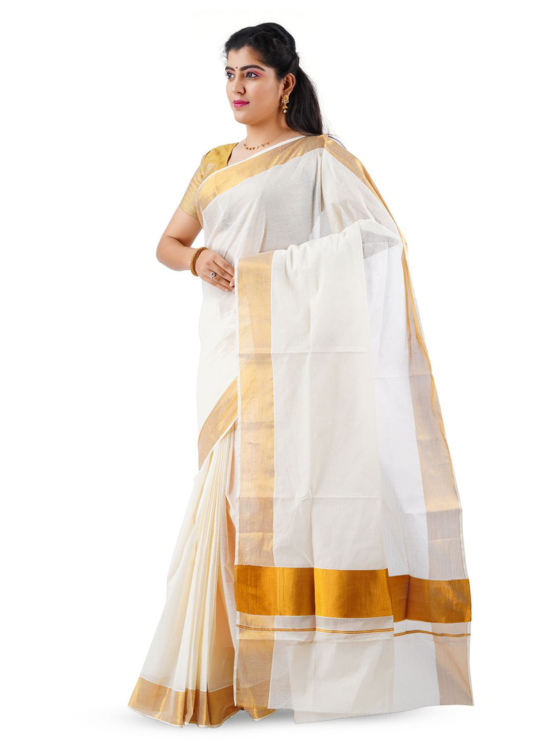 Aromie white and gold saree worn by woman elegant style yellow saree for parties Canada