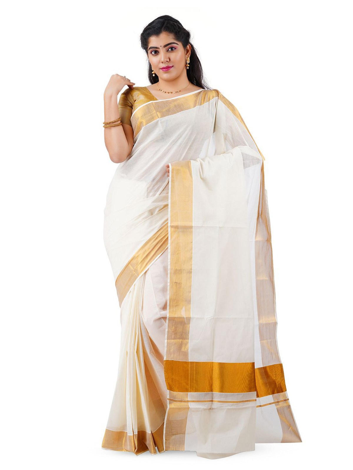 Aromie white and gold saree worn by woman elegant style Yellow saree for parties Canada