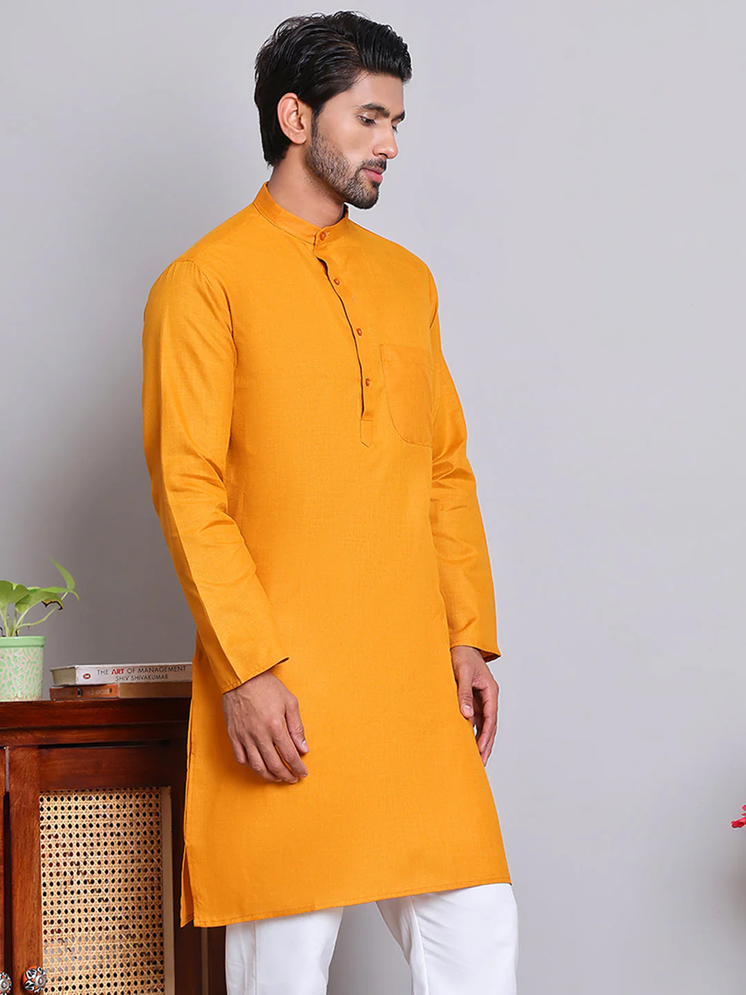 Mustard men's kurta from Aromie for a Saskatoon Diwali celebration
