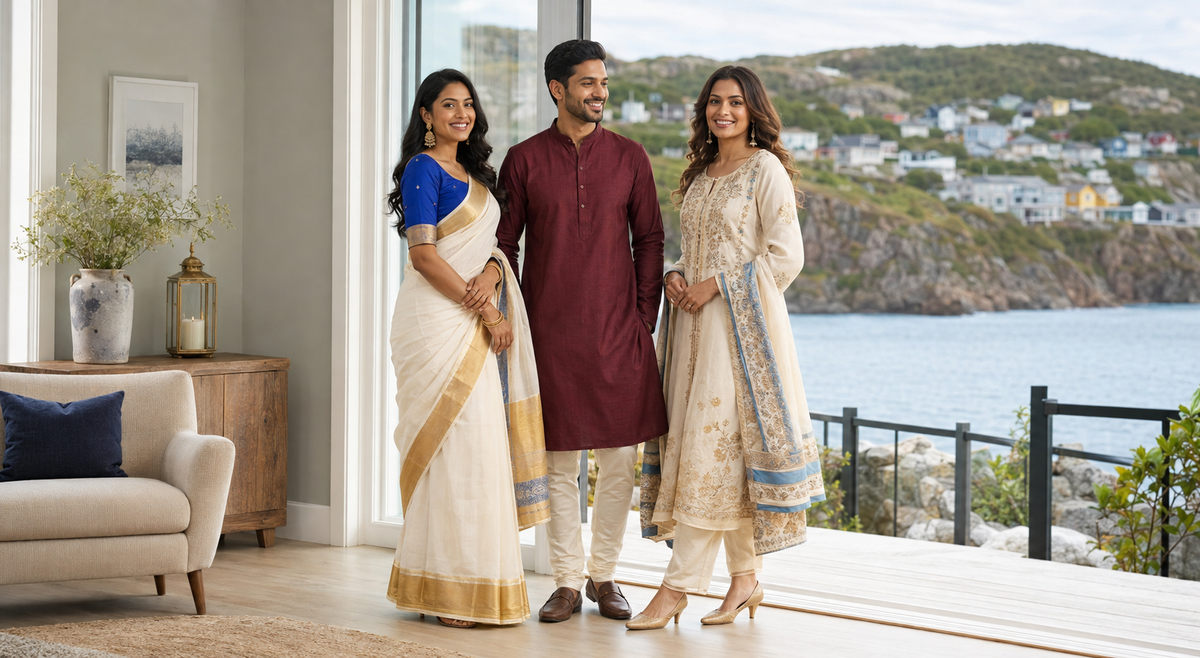 Onam Outfits in Newfoundland and Labrador: Kasavu Sarees and Family Styles AROMIE