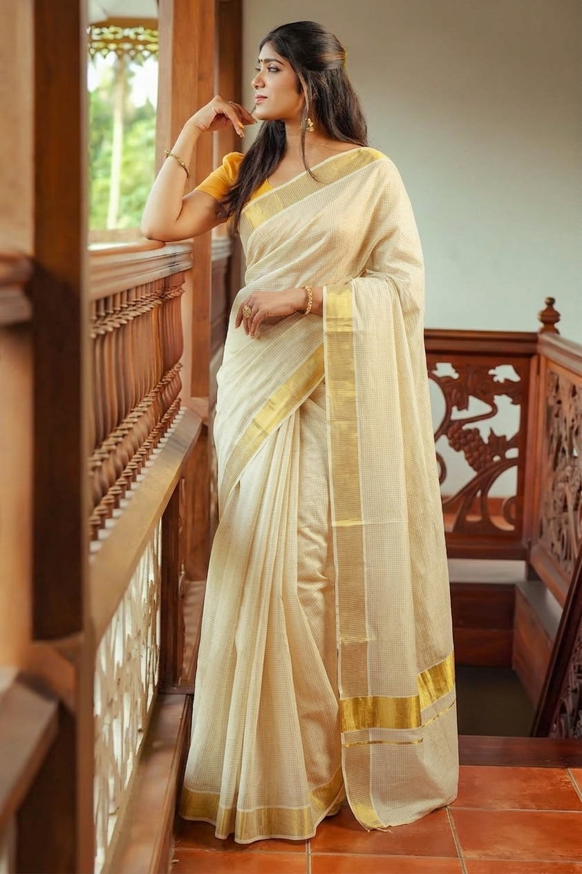 Cream and gold Kerala kasavu saree for Onam