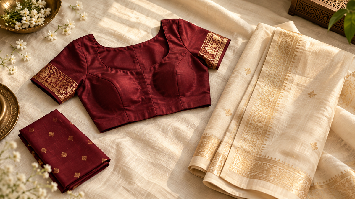 Illustrative editorial image showing a stitched maroon saree blouse beside a cream saree and separate fabric piece