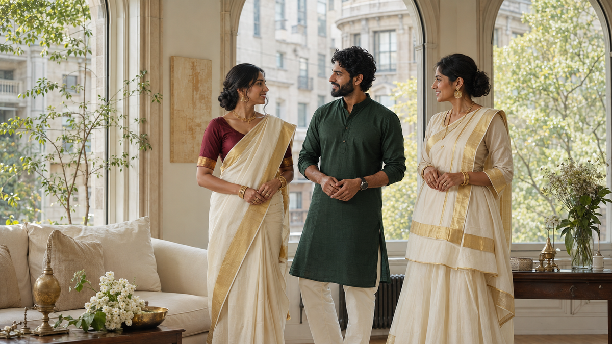 Onam Outfits in Montreal and Quebec: Kasavu Sarees and Family Styles AROMIE