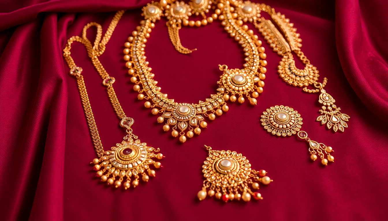 Exquisite collection of must-have Indian jewellery 2025 displayed on a rich red fabric