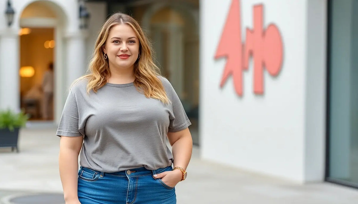 Woman modeling casual gray top and blue jeans showcasing plus size fashion trends 2025