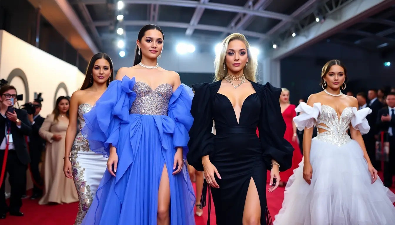 Four models showcasing stunning gowns representing celebrity fashion trends 2025 on the red carpet