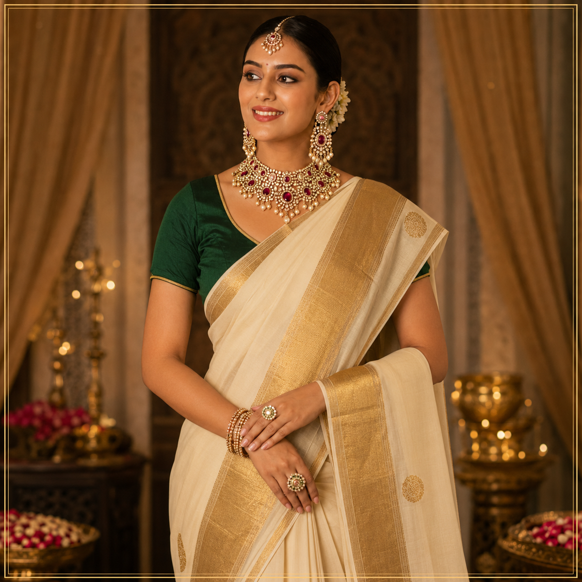 Onam sarees collection online Canada, featuring Kerala kasavu and traditional Onam sarees