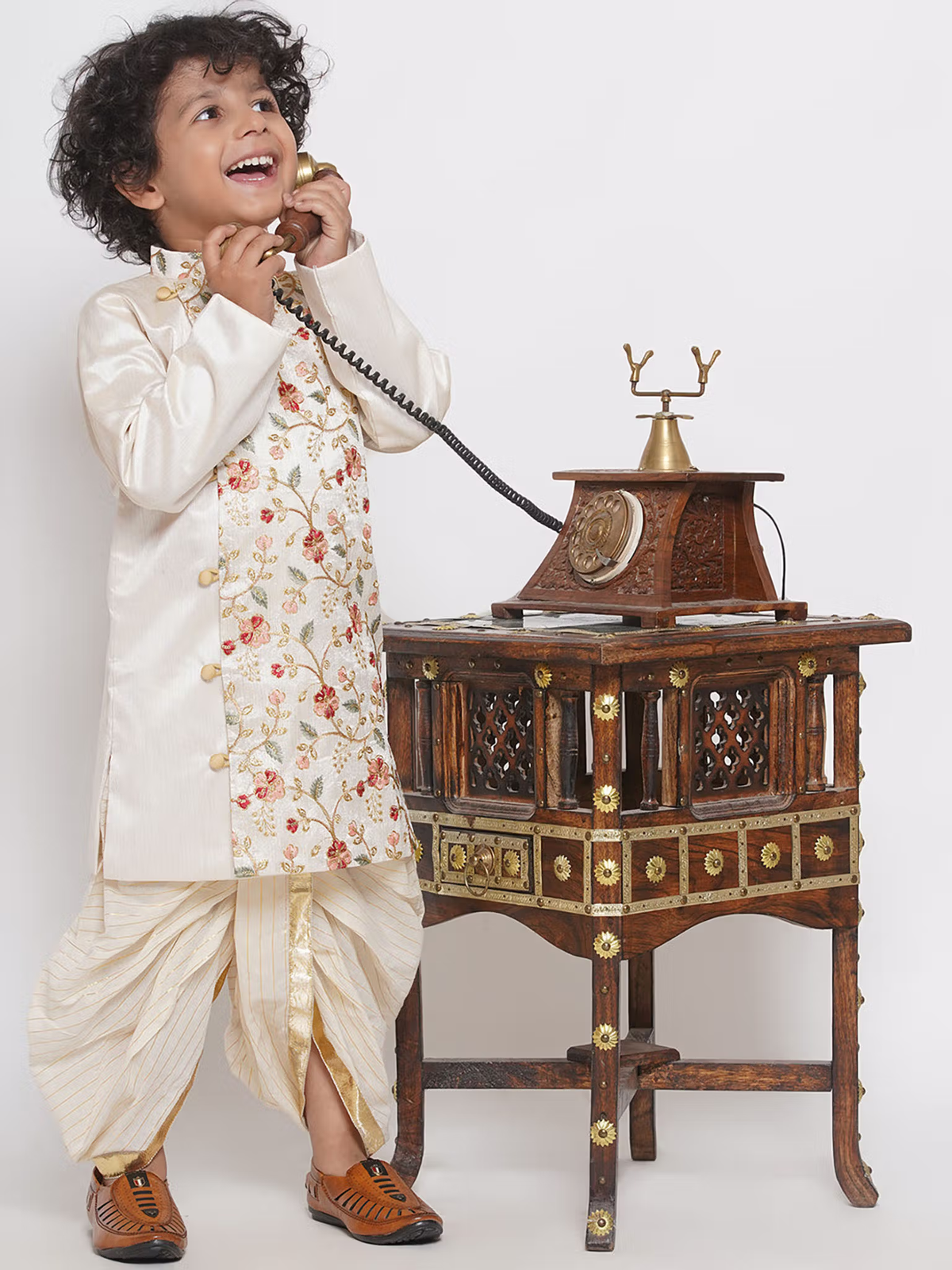 Boys Cream Floral Sherwani with Dhoti (Set of 2)