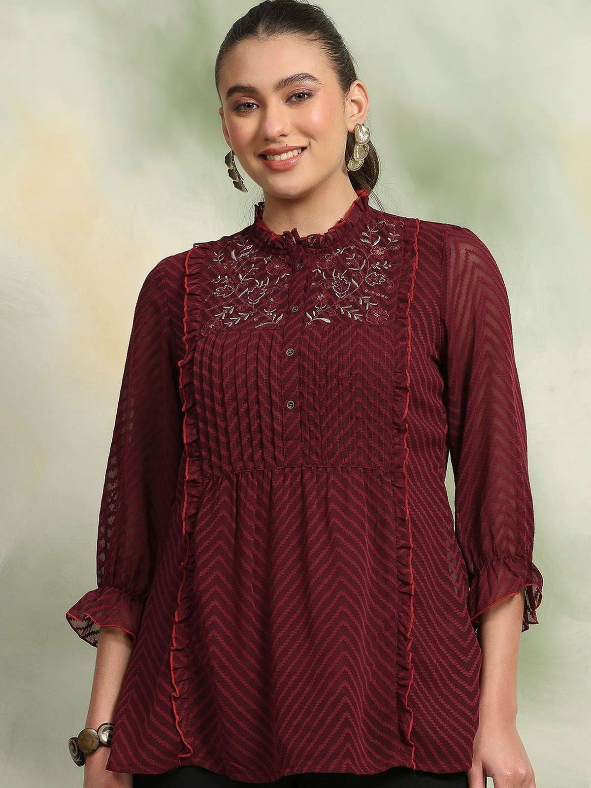 Women’s Maroon Georgette Kurti with Thread Work AROMIE.STORE