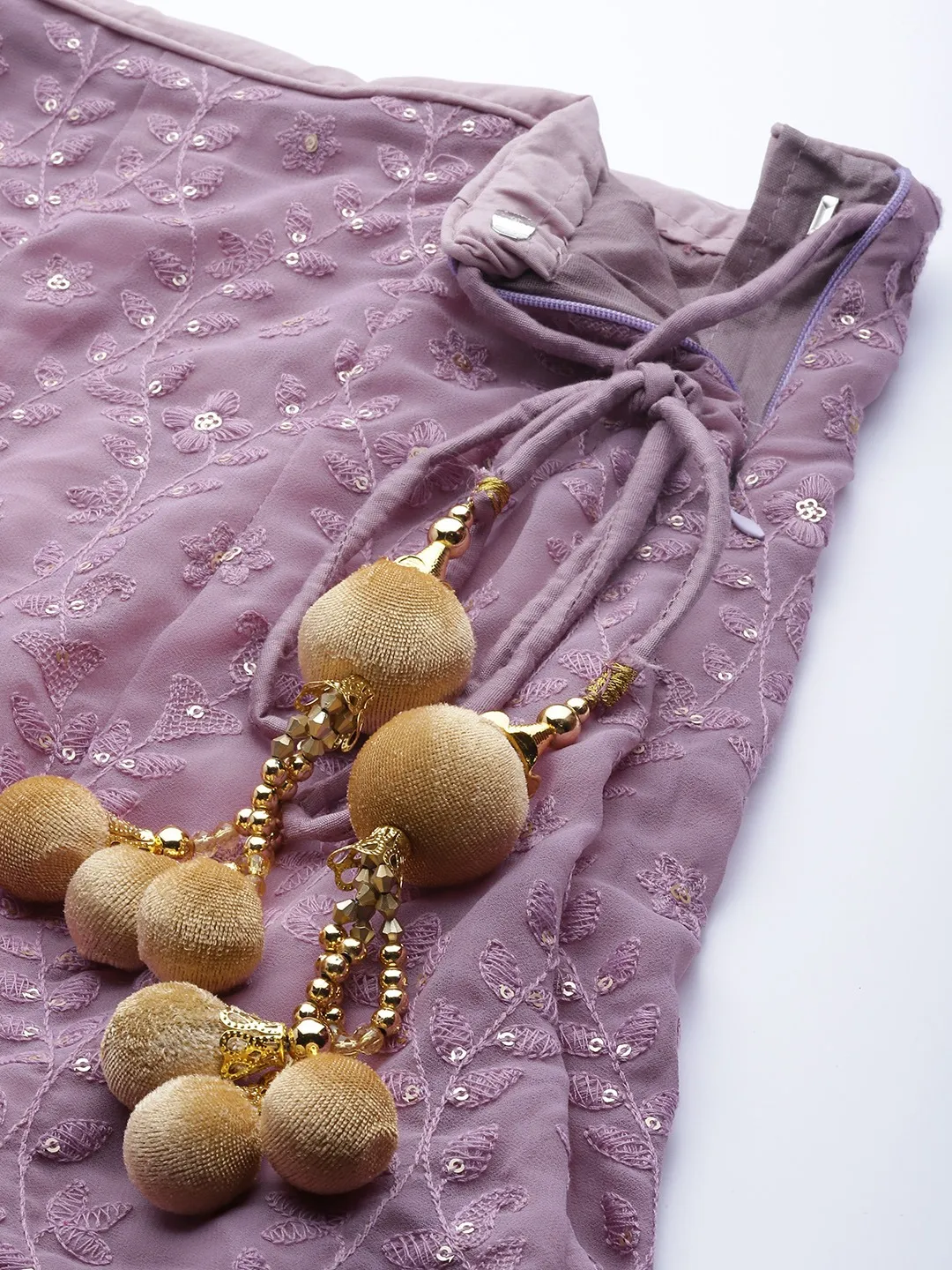 Lavender embroidered lehenga choli set USA with detailed tassels, perfect for weddings and festive occasions