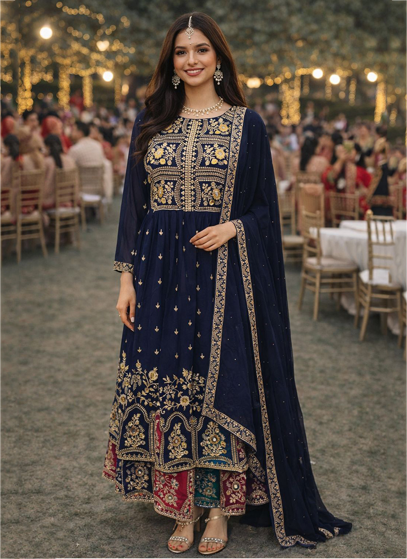 Navy Blue Georgette Embroidered Anarkali Suit