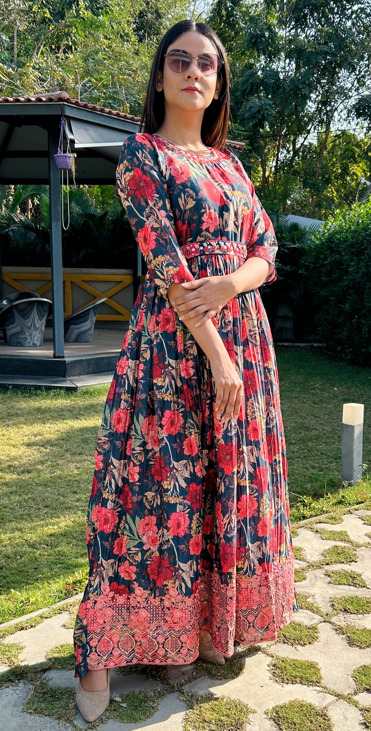 Silk blend printed ethnic party gown
