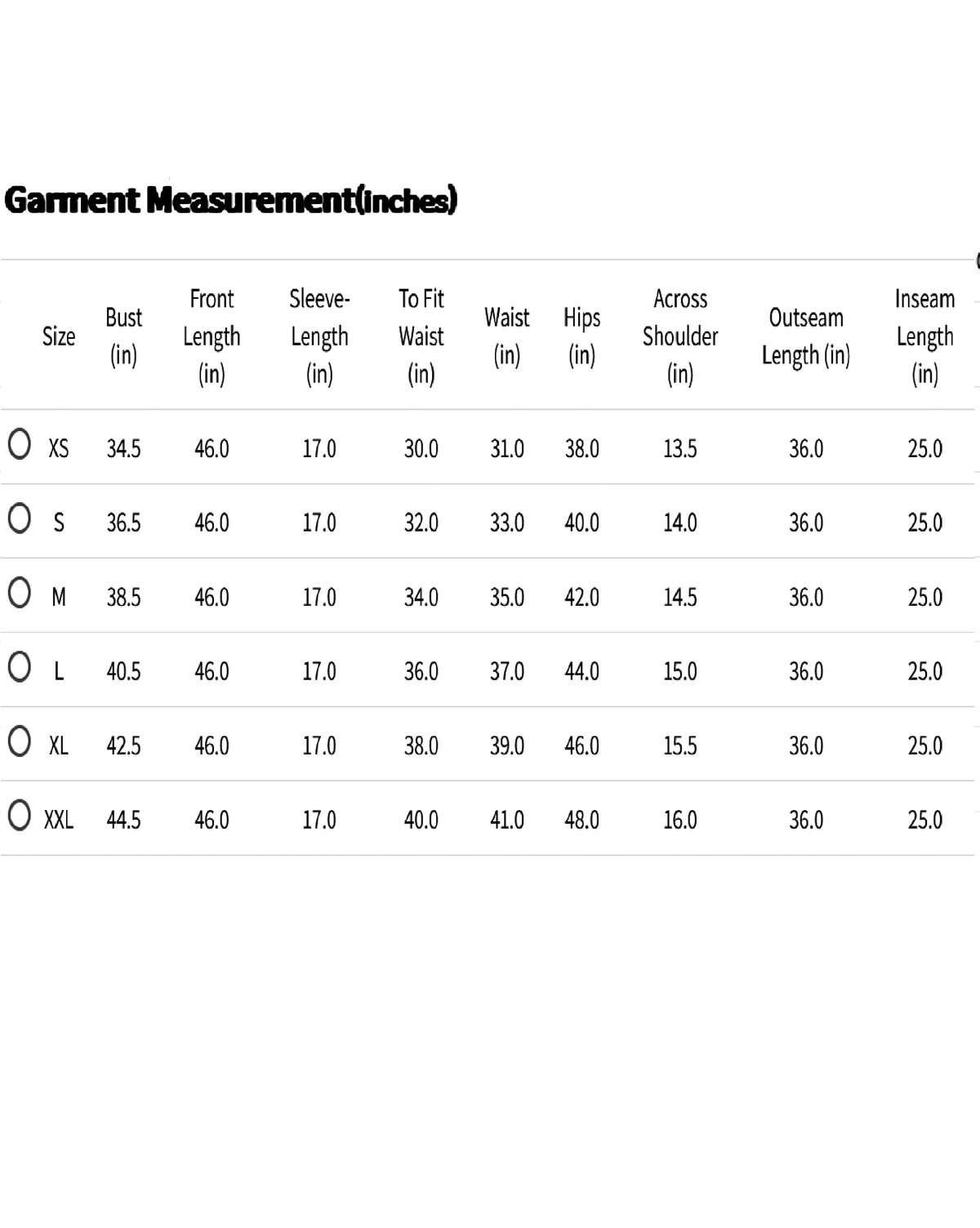 Aromie three piece embroidered cotton kurta set measurement chart showing size bust front length sleeve waist hips