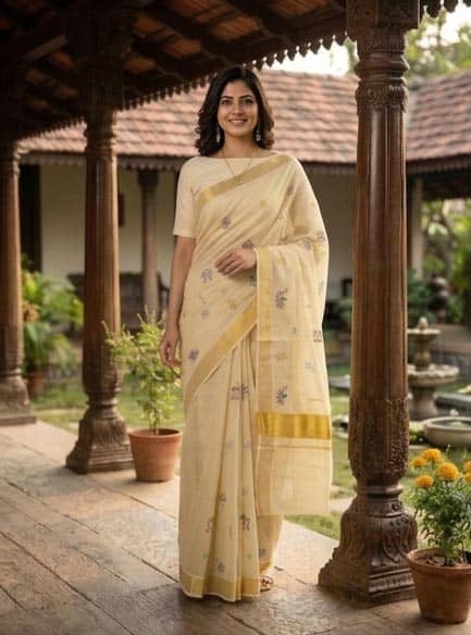 Tissue Cream Kasavu Border Set Saree with Embroidered Patterns