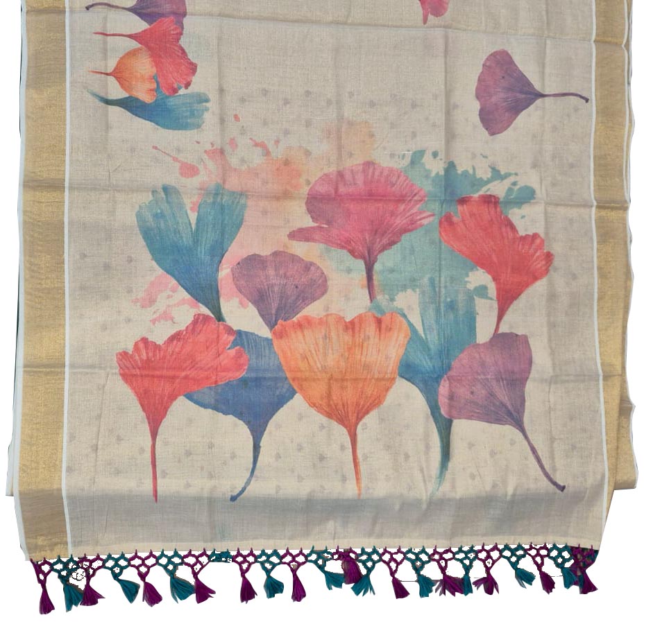 Cream Tissue Kasavu Saree with Multicolour Floral Print