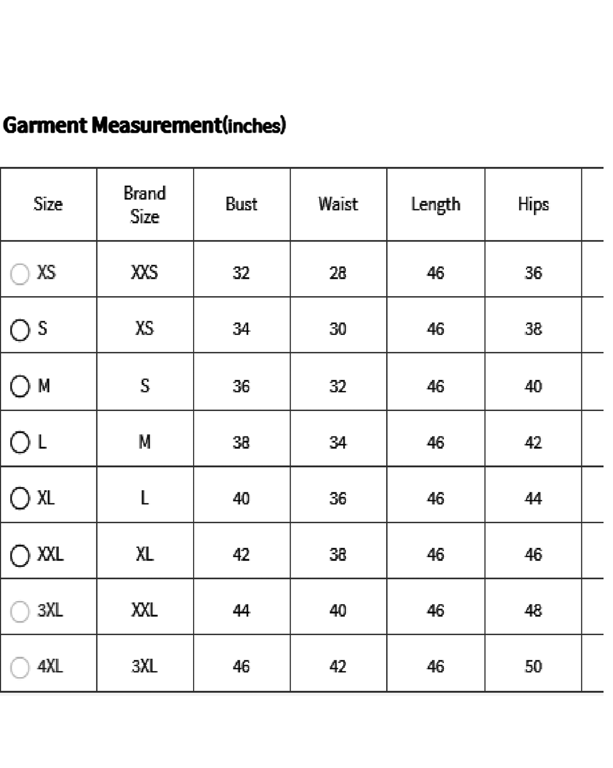 Aromie garment measurement chart in inches showing sizes XS to 4XL bust waist length hips embroidered kurta set for women