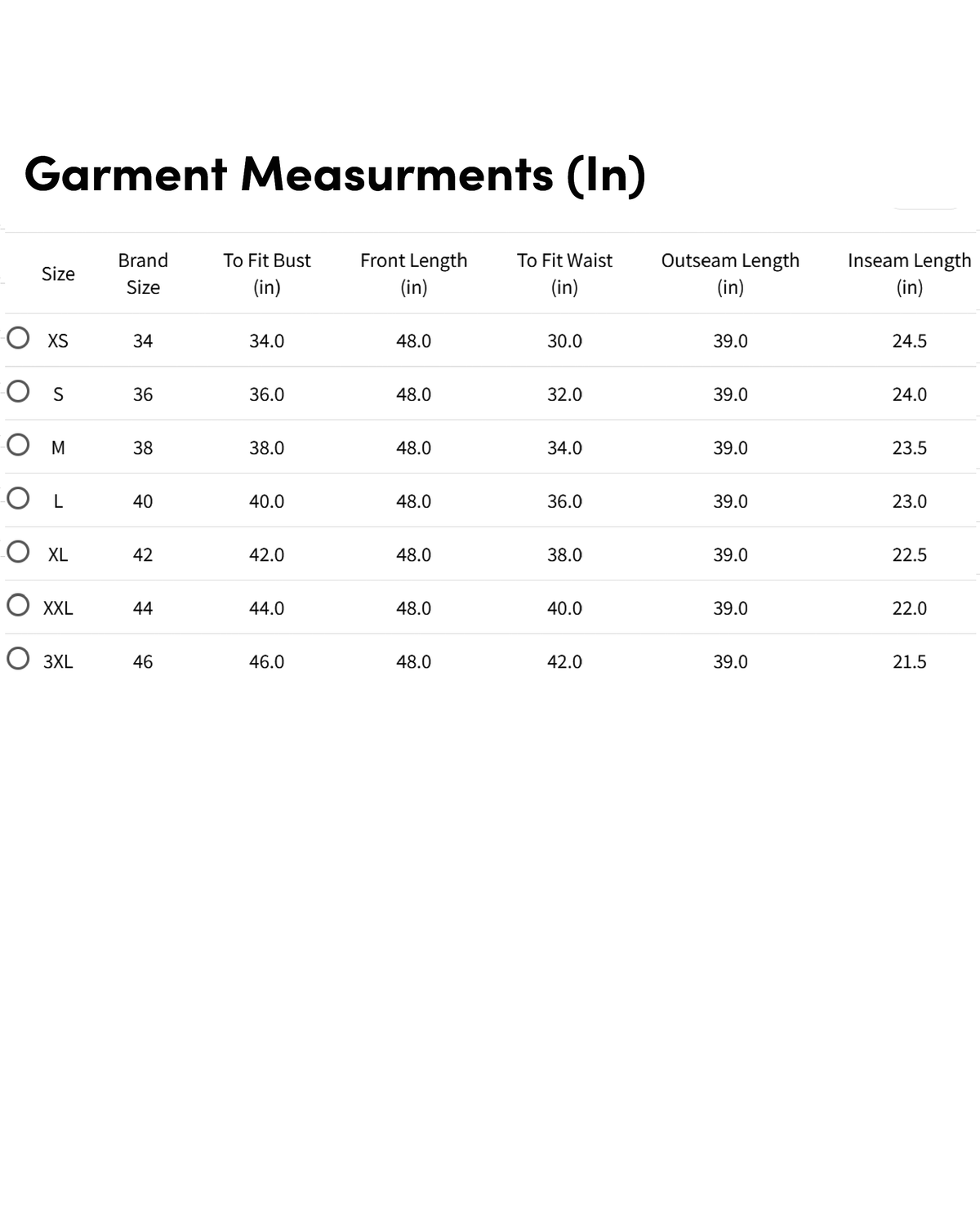 Garment measurements chart for Floral Anarkali Kurta Set with sizes XS to 3XL detailed in inches
