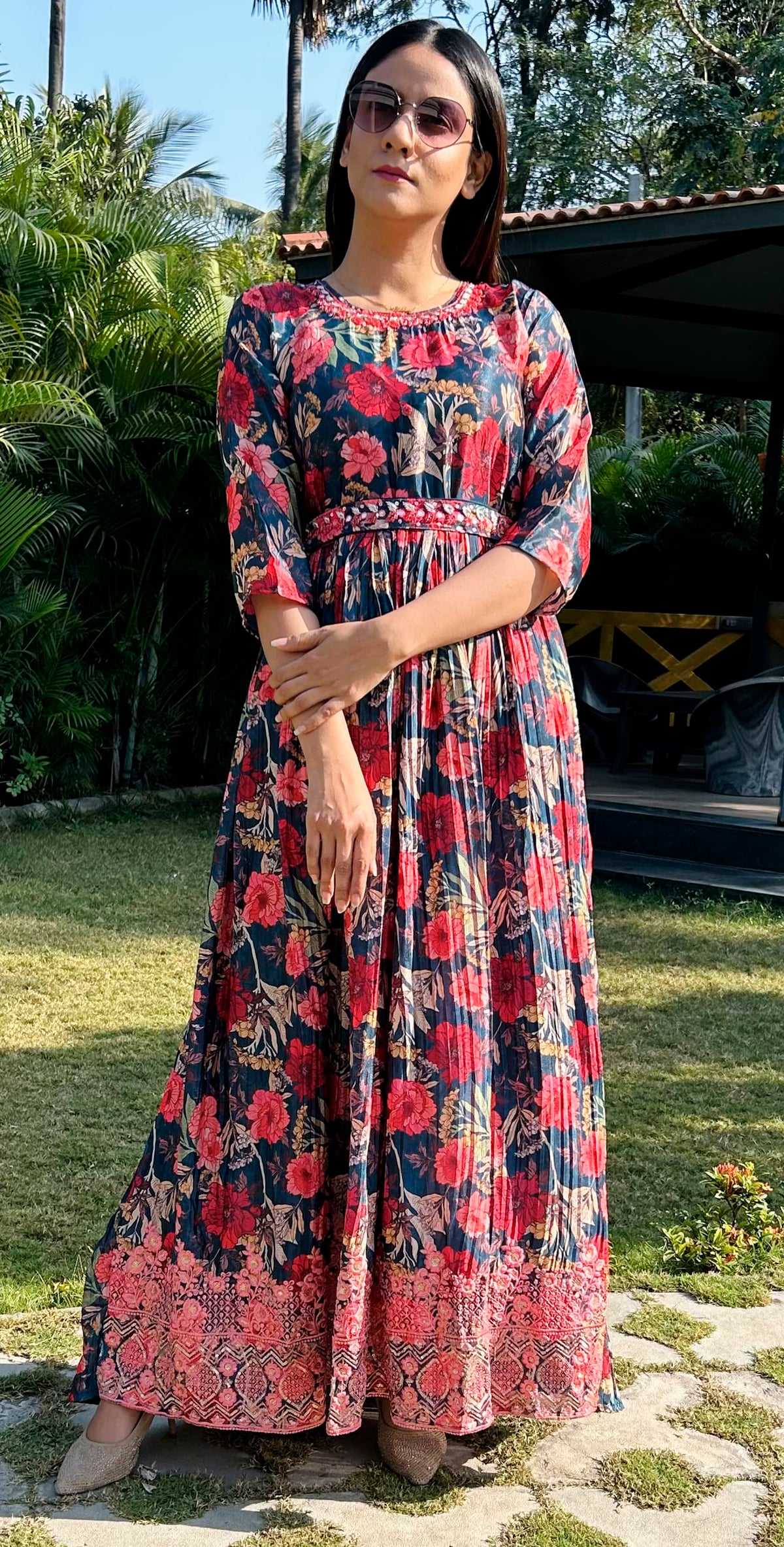 Silk blend printed ethnic party gown