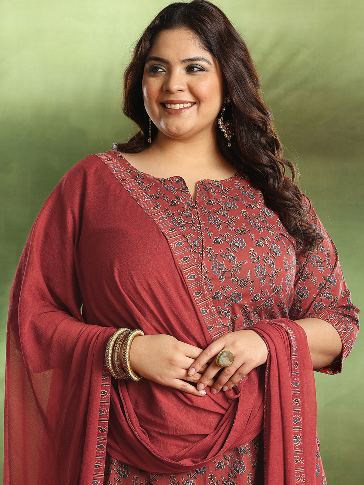 Plus Size Rust Floral Kurta Set with Palazzos & Dupatta aromie