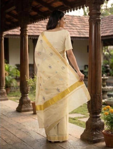 Tissue Cream Kasavu Border Set Saree with Embroidered Patterns