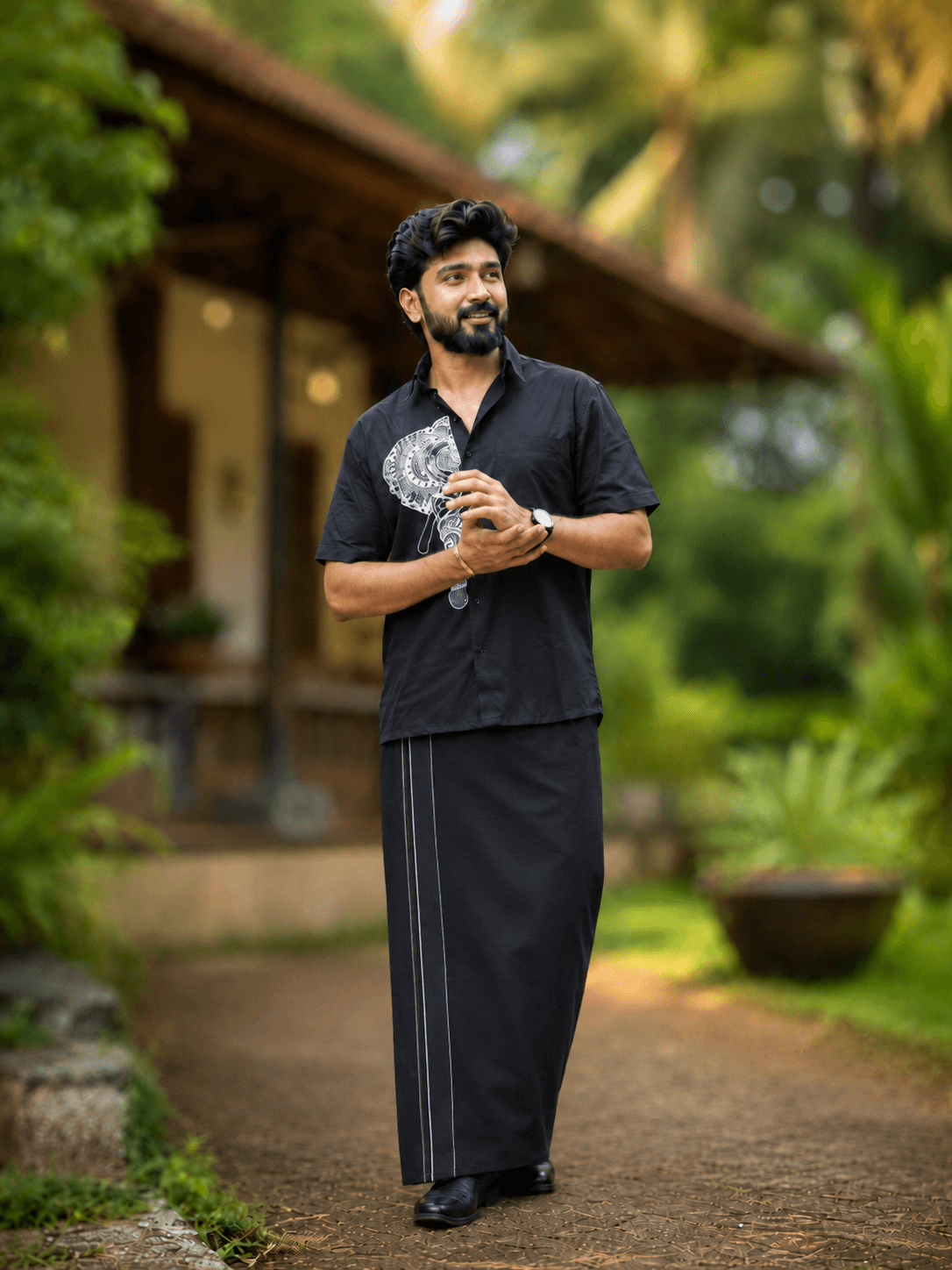 Elephant Print Black Cotton Shirt for Men