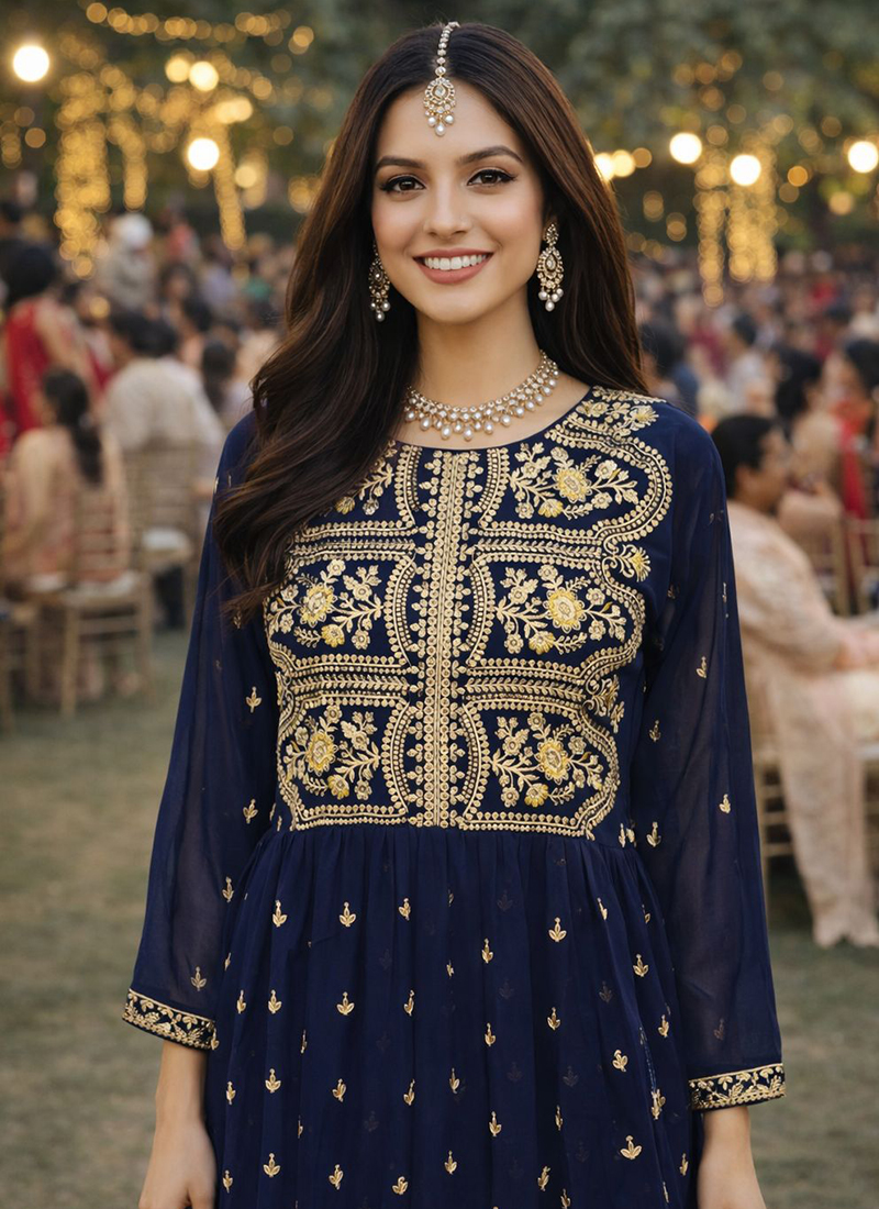 Navy Blue Georgette Embroidered Anarkali Suit